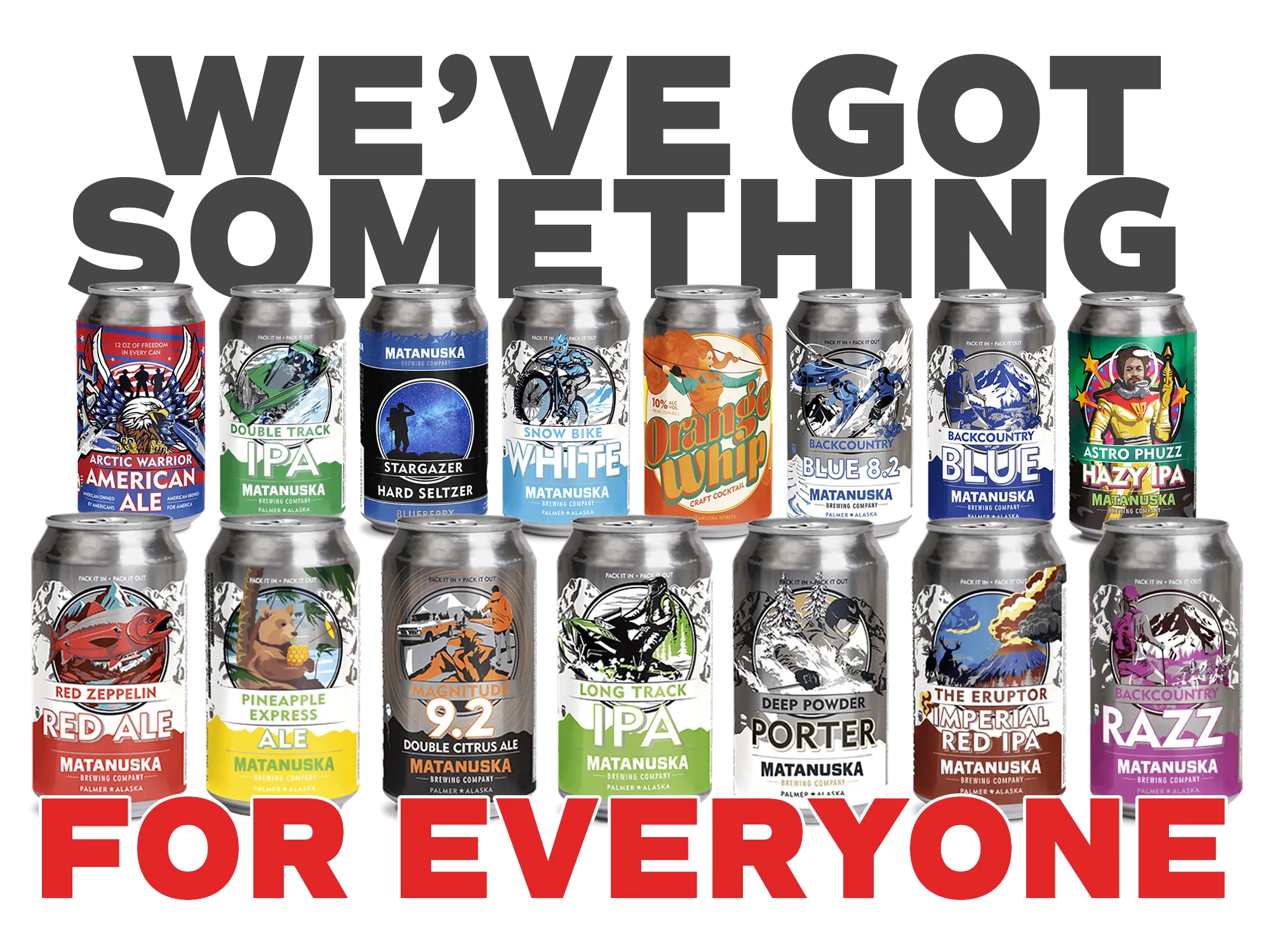 Matanuska beverage lineup: beer, hard seltzer, and craft cocktail cans
